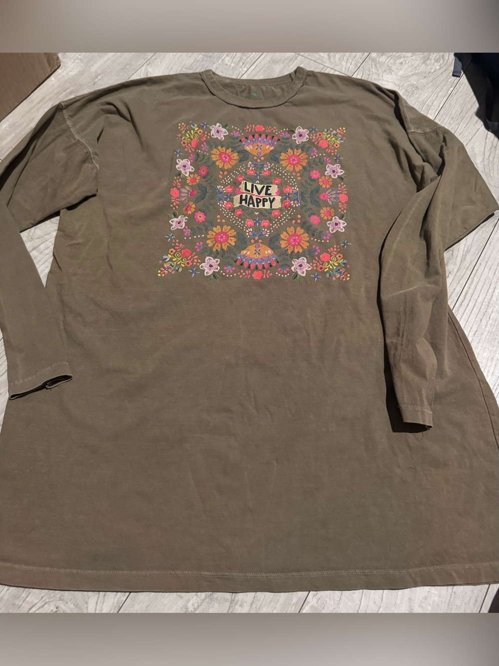 Live Happy Floral Graphic Long-Sleeve Top - Olive Green